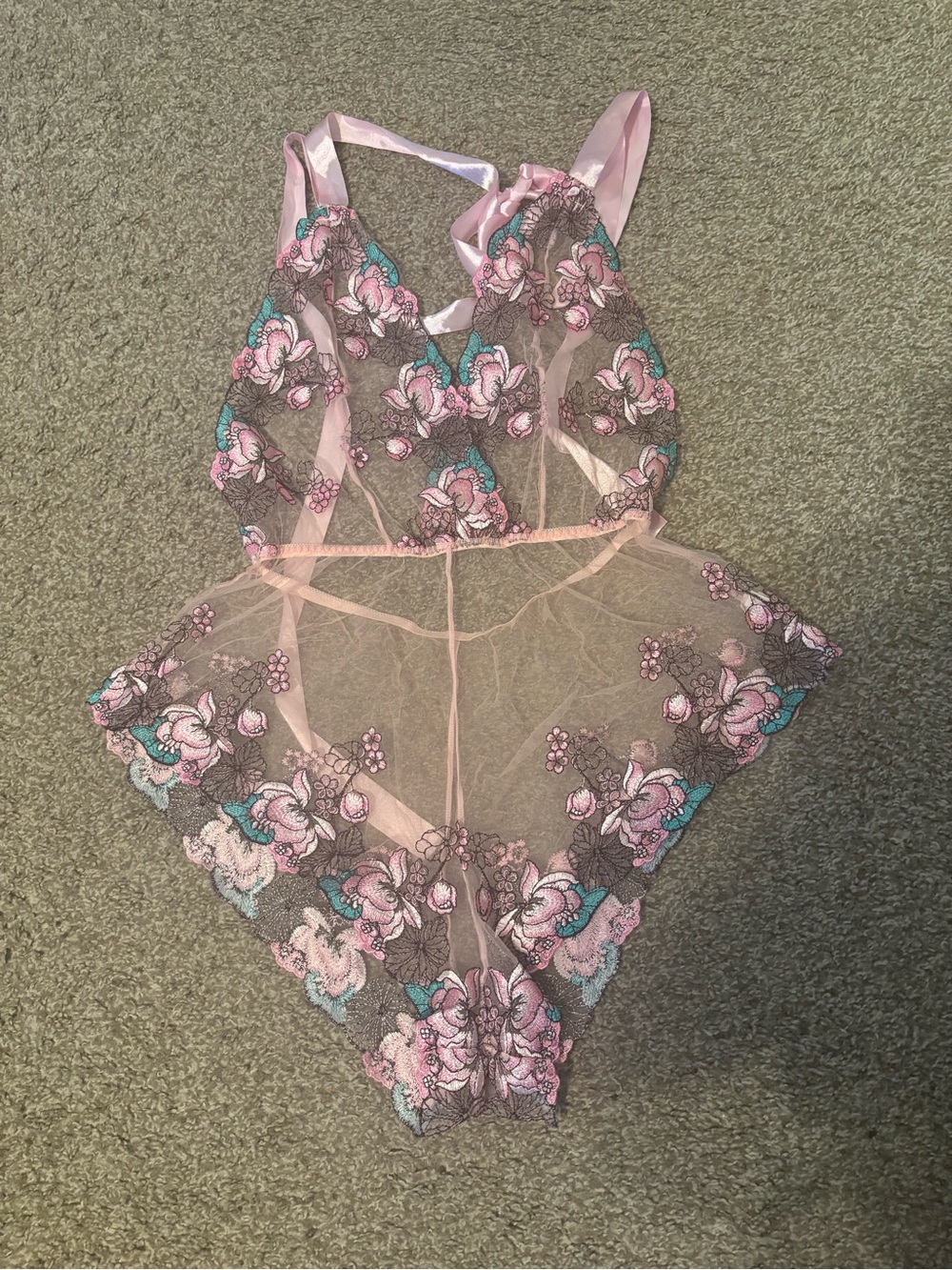 Sheer Pink Floral Lace Teddy Bodysuit - Women Intimates